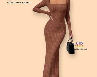 Ribbed Knit Summer Dress for Women – Square Neck Long Sleeve Bodycon Maxi Dress, Elegant Stretchy Slim Fit Casual Audacious Brand