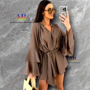 Flowy Boho Tie-Waist Kaftan Mini Dress Beautiful and Elegant Dress  2025 Summer Resort & Beachwear Chic Look