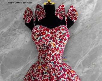 Floral Sweetheart Dress: Bow Sleeves, Summer Garden Party Cotton