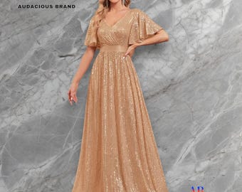 Elegant Gold Sequin Evening Dress for Women, V-Neck Luxury Maxi Gown with Flutter Sleeves, Sparkly Formal Dress