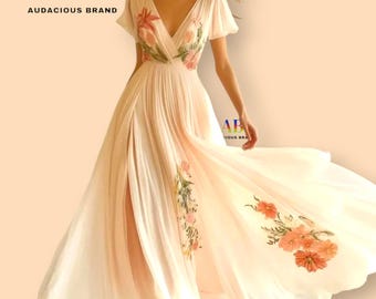 Elegant Floral Embroidered Maxi Dress for Women – V-Neck Pleated Summer Dress, Flowing Boho Evening Gown