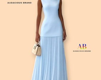 Pleated Maxi Dress Women Boat Neck Sleeveless Summer Dress Minimalist Long Formal Dress Slim Fit Evening Dress multiple colours available