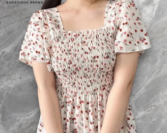 Floral Smocked Summer Dress: Lightweight Boho Cottagecore Picnic Outfit