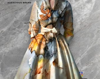 Summer Autumn Leaf Print Long Sleeve Maxi Dress Elegant Belted Flare Gown 2025 Spring Fall Fashion Christmas Birthday Party Dinner Gown