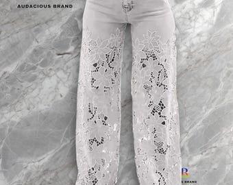 Lace Detail High-Waisted Wide-Leg Jeans with Sequin Accents for Women - Summer Collection
