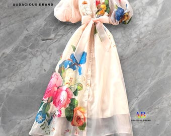Elegant Floral Print Maxi Dress for Women, Puff Sleeve Summer Dress with Waist Belt, Button-Front Detail & Luxe Satin Finish