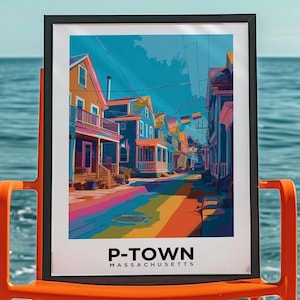 Provincetown Massachusetts travel poster showing colorful P-Town street with rainbow pride road in vintage illustration style