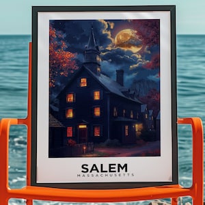 Reseaffisch i Salem, Massachusetts: Halloween-konsttryck i New England, historisk heminredning inspirerad av häxkonst