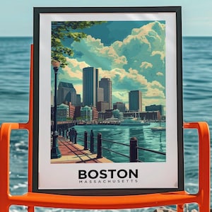 Reseposter i Boston, Massachusetts: Konsttryck av stadsbilden i New England, dekoration av Capitol-landmärke i studentrummet