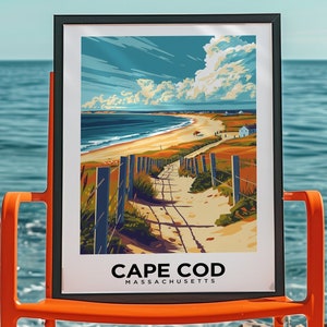 Reseposter i Cape Cod, konsttryck med strand i Massachusetts, väggdekoration i kustnära New England