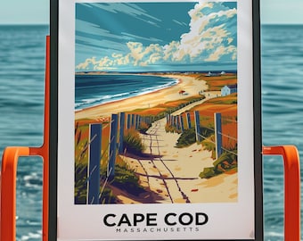 Reseposter i Cape Cod, konsttryck med strand i Massachusetts, väggdekoration i kustnära New England
