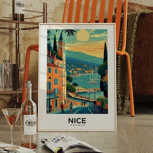 Póster de viaje a Niza, Francia: impresión coleccionable de arte de playa de la Riviera Francesa para decoración del hogar o la oficina