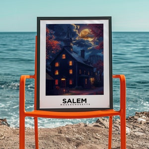 Poster della casa delle streghe di Salem: un'opera d'arte murale inquietante del Massachusetts per decorazioni di Halloween e souvenir della costa orientale