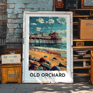Póster de viaje de Old Orchard Beach, Maine: arte mural de recuerdo de verano de Nueva Inglaterra