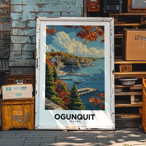 Póster de vacaciones en Ogunquit, Maine, arte mural con una playa pintoresca, regalo de boda en Nueva Inglaterra, decoración del hogar, recuerdo de viaje