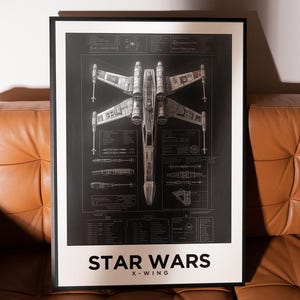 Plano del caza estelar X-Wing: Arte mural de ciencia ficción de Star Wars para fans, salas de juegos e ingenieros