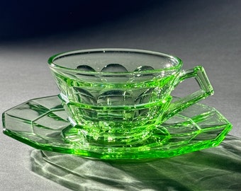 Tea Room Green Teacup and Saucer, Green Depression Antique Glass, Indiana Glass Co, Uranium Glass, Vintage UV Glass, Vaseline Glassware