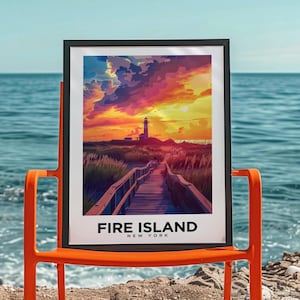 Stampa artistica di viaggio LGBTQ a Fire Island: poster della destinazione Pride del faro costiero di New York