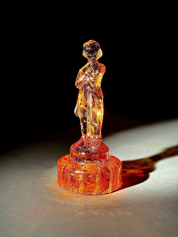 Vintage Amber Draped Lady Flower Frog, Cambridge Depression Glass