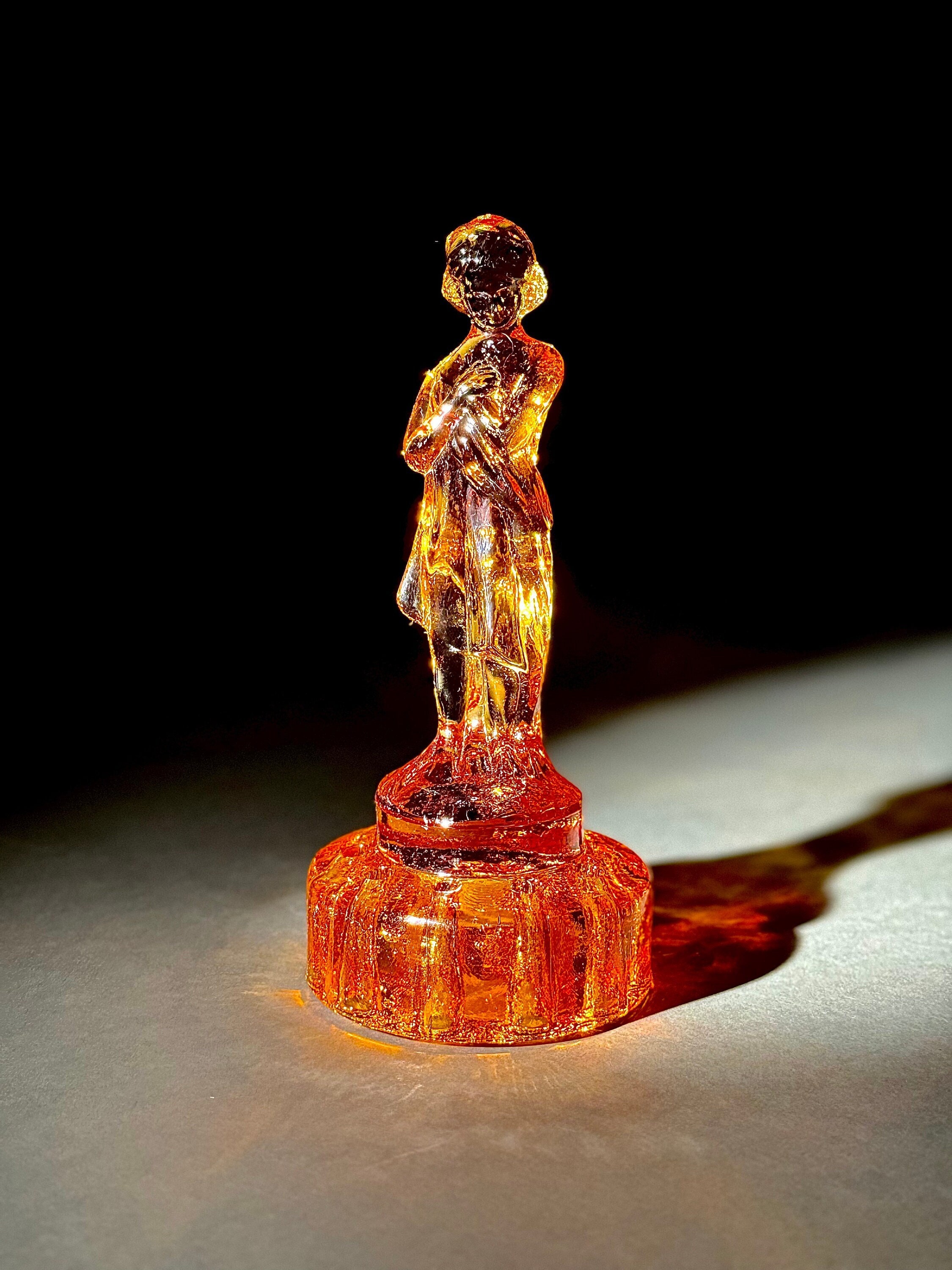 Vintage Amber Draped Lady Flower Frog, Cambridge Depression Glass