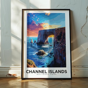 Poster di viaggio del Parco Nazionale delle Isole del Canale: arte murale della costa californiana per gli amanti dell'avventura