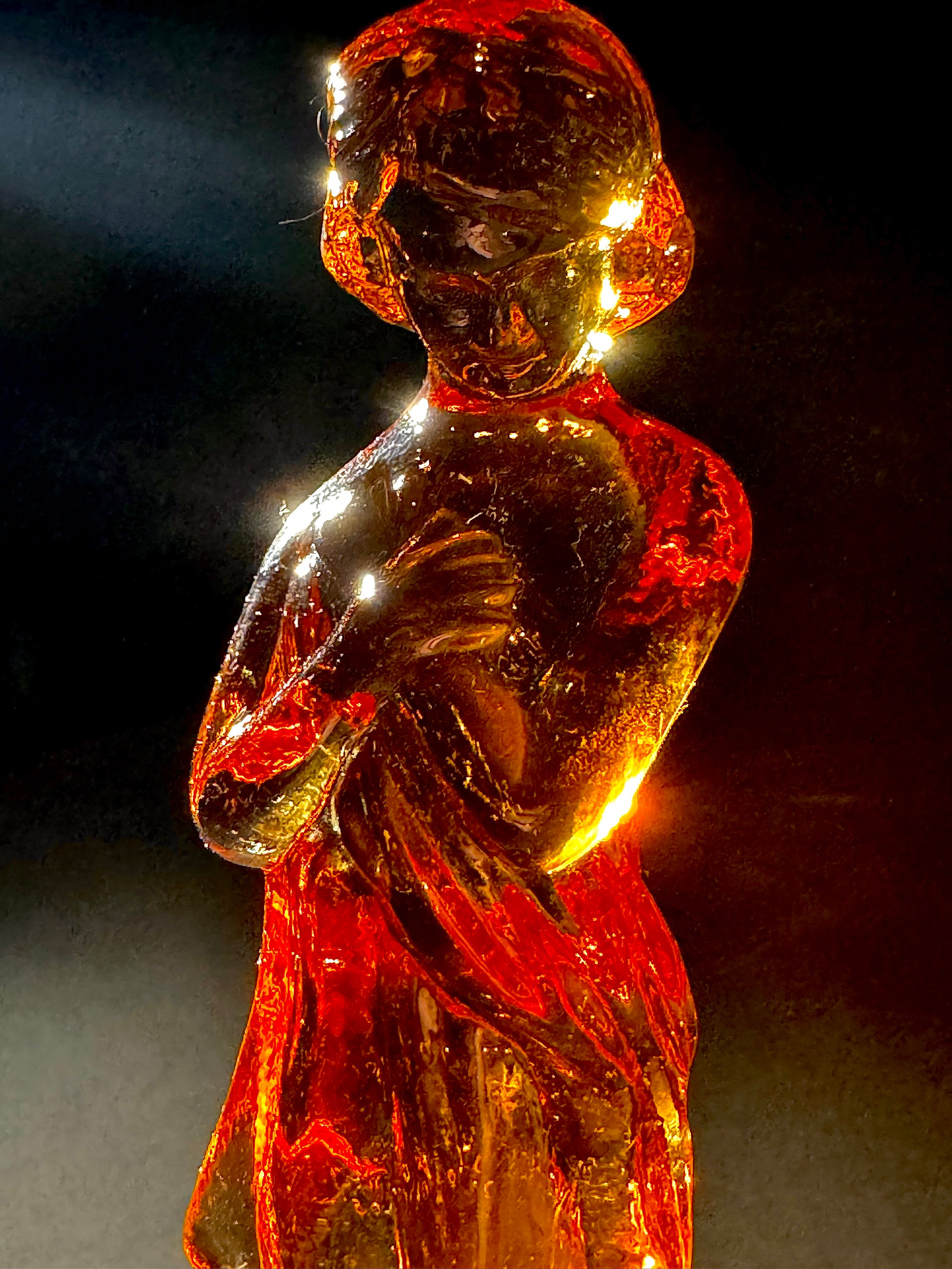 Vintage Amber Draped Lady Flower Frog, Cambridge Depression Glass