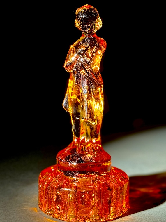 Vintage Amber Draped Lady Flower Frog, Cambridge Depression Glass