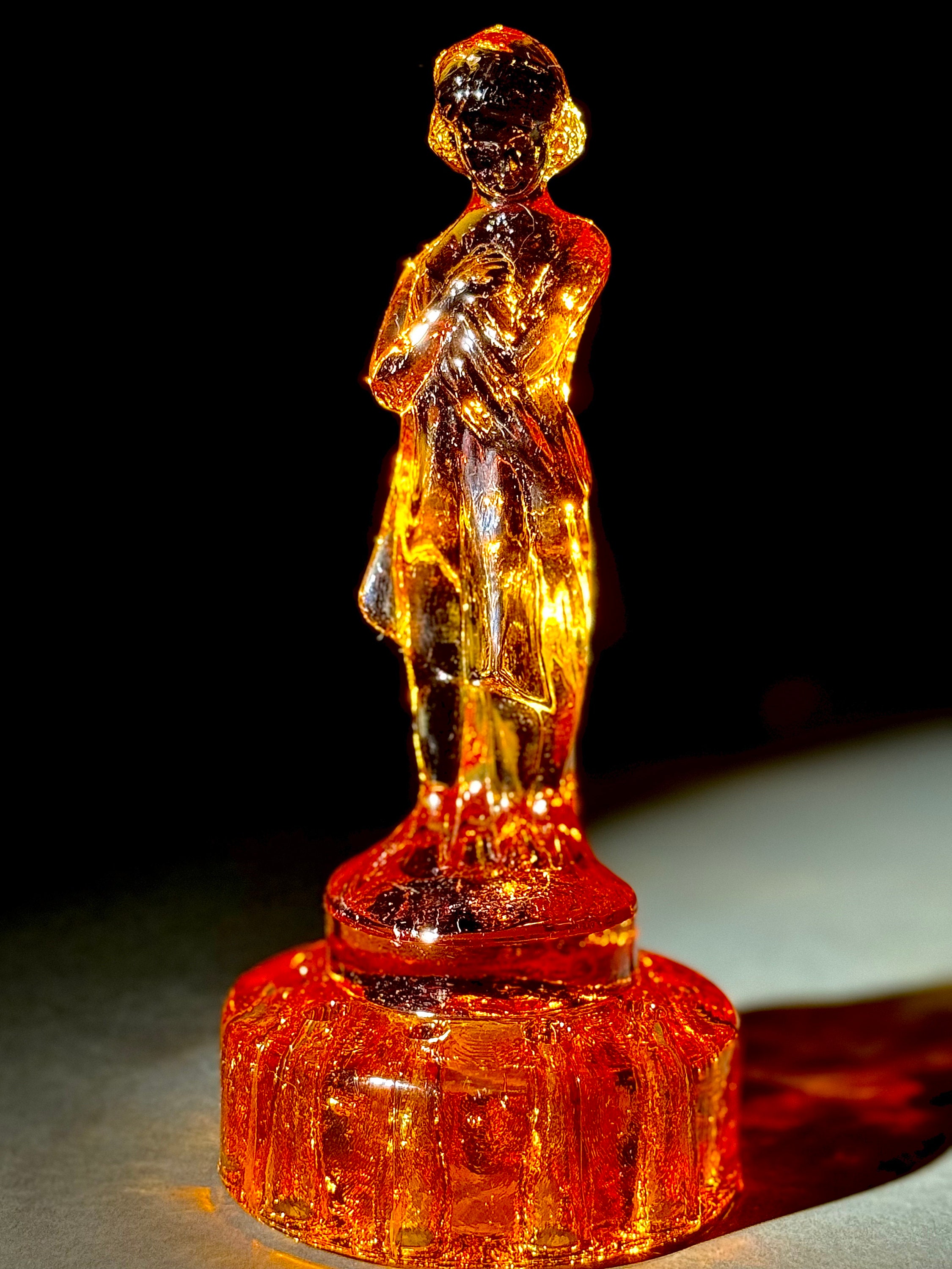Vintage Amber Draped Lady Flower Frog, Collectible Depression