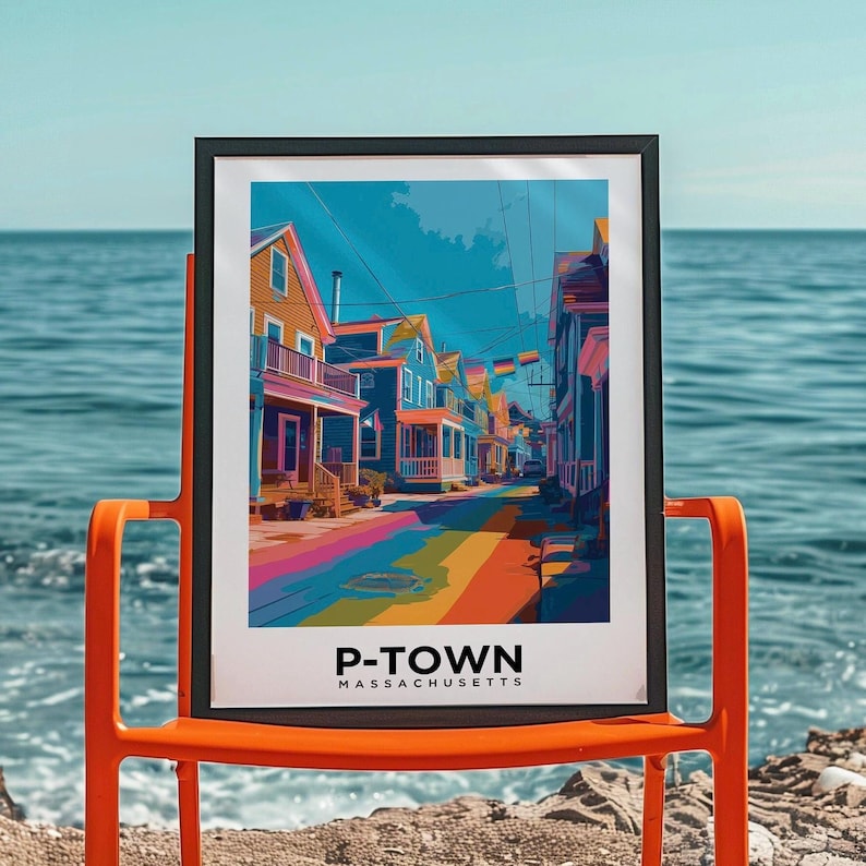 Provincetown Massachusetts travel poster showing colorful P-Town street with rainbow pride road in vintage illustration style