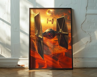 May include: A black framed poster featuring a TIE fighter spaceship flying over a red and orange desert landscape. The spaceship is in focus, with the desert landscape blurred in the background. The sun is setting in the distance, casting a warm glow over the scene.