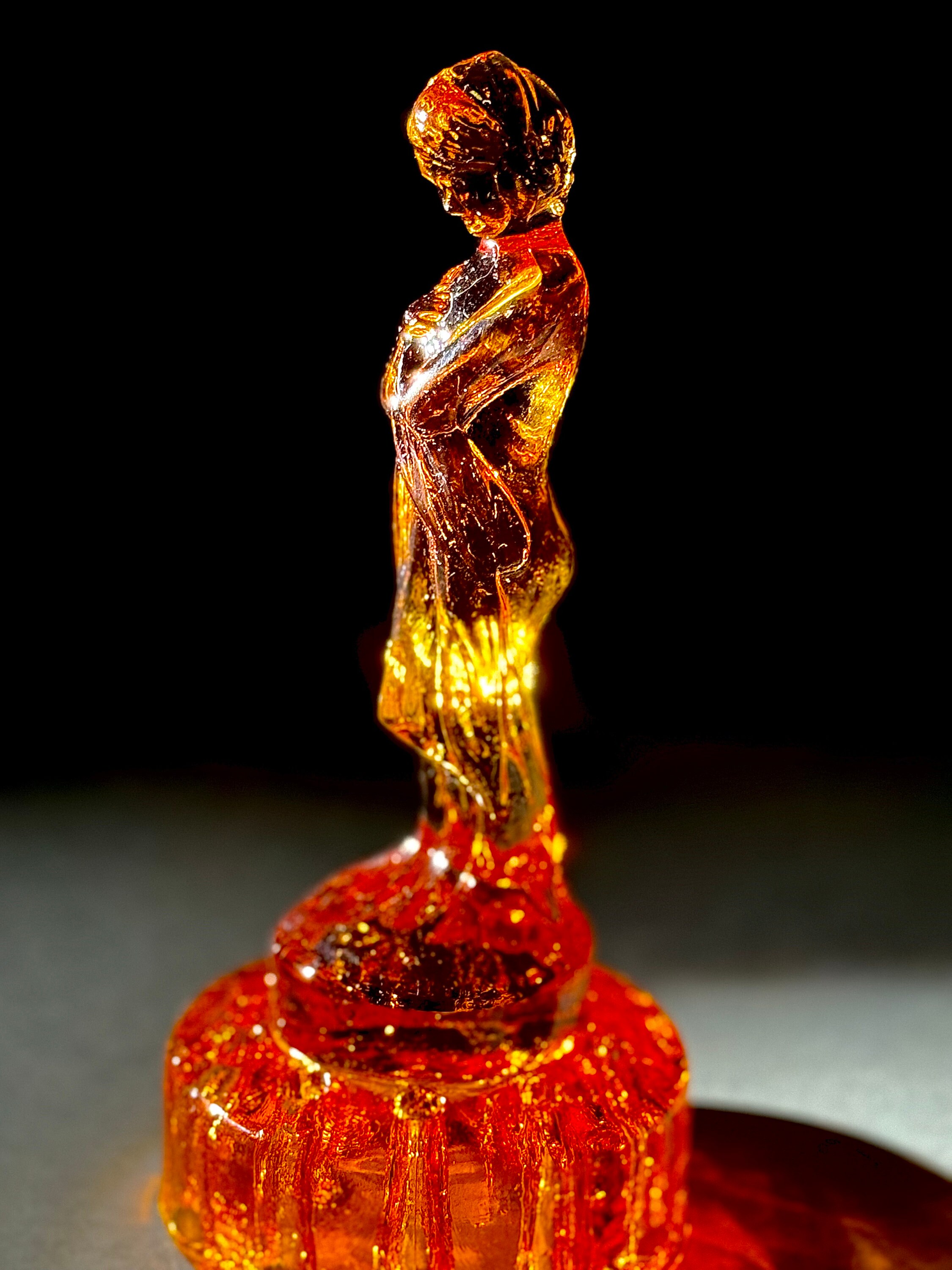 Vintage Amber Draped Lady Flower Frog, Collectible Depression