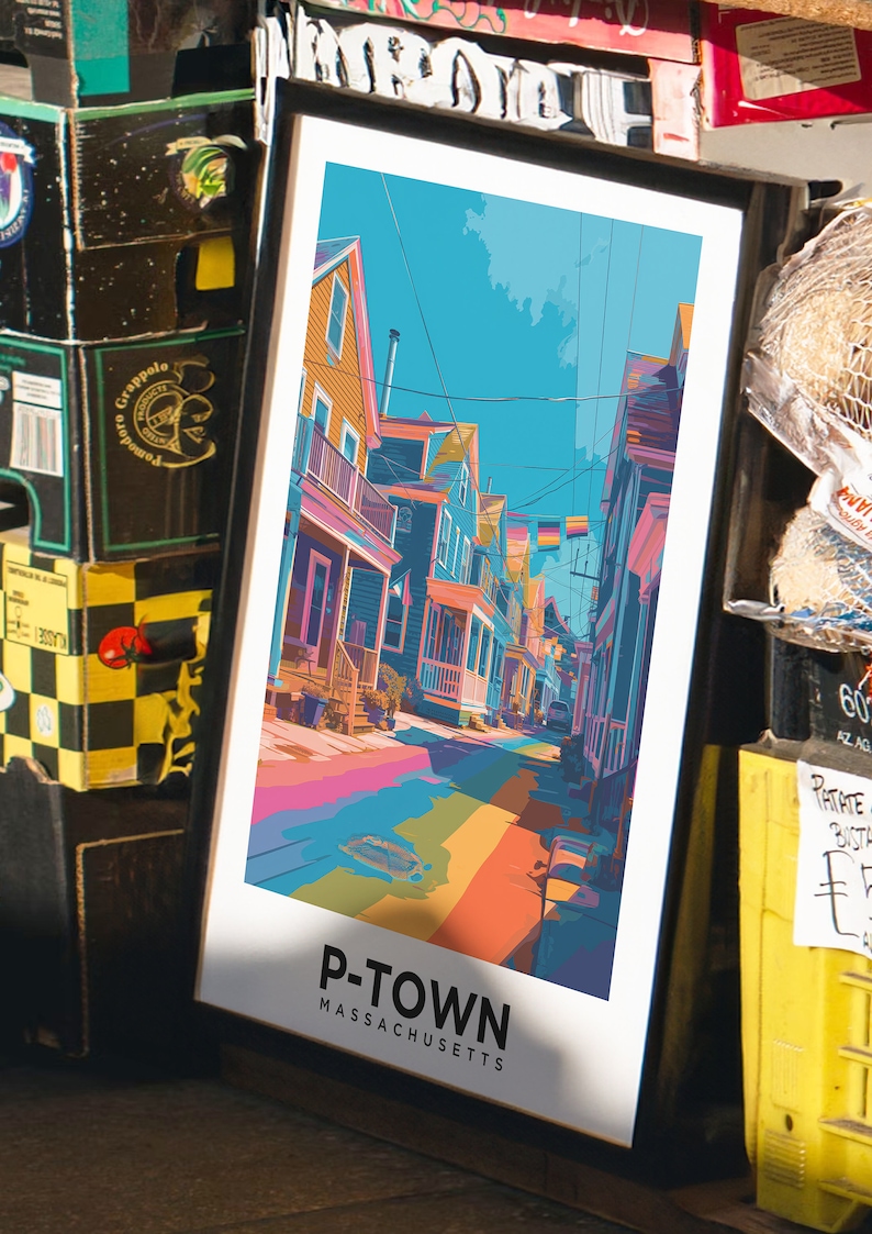 Reseaffisch i Provincetown, HBTQ-pridekonst i Cape Cod, väggdekoration i kustnära Massachusetts från P-Town bild 17