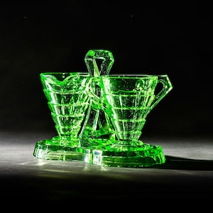 Collectible Vaseline Glass Cream and Sugar Set - Indiana Glass Green UV Depression Glass, Tea Room Pattern