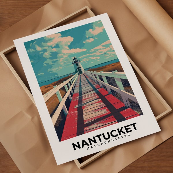 Affiche de la plage de Nantucket, impression de la Nouvelle-Angleterre, oeuvre d'art de voyage phare, souvenir de Nantucket, cadeau de Nantucket, mariage à destination, vacances en famille