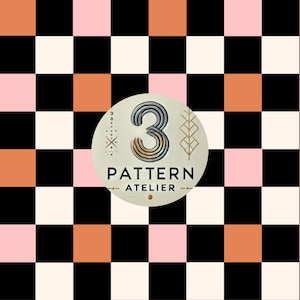 May include: A geometric pattern featuring a checkerboard design with black, white, peach, and pink squares. A circular emblem in the lower right corner displays the number "3" and the words "PATTERN ATELIER".
