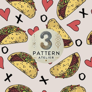 May include: A repeating pattern featuring cartoon tacos, red hearts, and black X's and O's on a light pink background. A circular logo in the center reads "3 Pattern Atelier". The tacos are yellow with brown filling and green lettuce.