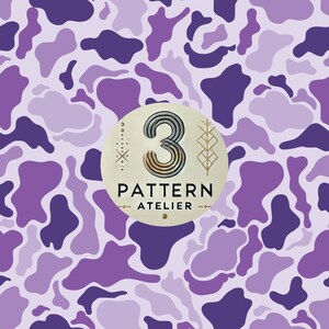 May include: A purple camouflage pattern with irregular shapes in varying shades of purple. A circular emblem in the center features the number "3" and the words "PATTERN ATELIER".