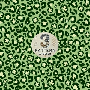 May include: A green and black leopard print pattern with a white clover design. The pattern is repeated throughout the image. The text "3 PATTERN ATELIER" is in the centre of the image.