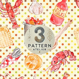 Puede incluir: Patrón de acuarela con langostas rojas, botellas de salsa picante, mazorcas de maíz, ajo y limones sobre un fondo amarillo con lunares de colores. El texto "3 PATTERN ATELIER" está en el centro.