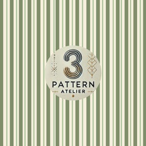 May include: A green and cream striped pattern background. A circular logo in the centre displays the number "3" in a textured design, with the words "PATTERN ATELIER" below. Decorative elements surround the number.