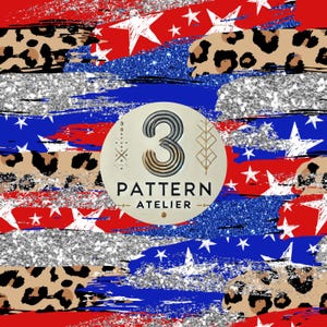 Könnte beinhalten: Abstraktes Musterdesign mit roten, weißen und blauen Pinselstrichen, Glitzer und Leopardenmuster-Akzenten. Weiße Sterne sind über das Design verstreut. Ein kreisförmiges Emblem zeigt "3 PATTERN ATELIER".