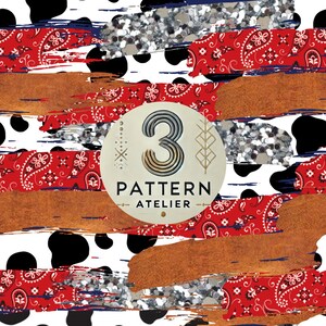 May include: Abstract pattern design featuring a mix of textures and colors. The design includes red paisley, silver glitter, brown brushstrokes, black cow spots, and the text "3 PATTERN ATELIER" in a circular emblem.