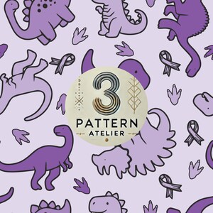 May include: A repeating pattern featuring purple dinosaurs, footprints, and ribbons on a light purple background. A circular logo with the number "3" and the text "PATTERN ATELIER" is centered in the image.
