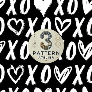 May include: A black and white pattern featuring hand-painted style XOXO and heart shapes. A circular logo in the centre reads "3 Pattern Atelier". The logo has a stylized number 3 and decorative elements.
