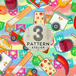May include: A colorful pattern featuring Mexican food and festive elements. The design includes images of ice cream bars, a food cart, a red chili pepper, and a variety of other food items. The text "3 PATTERN ATELIER" is in the center of the image.