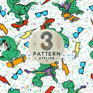 May include: A fun, repeating pattern featuring green cartoon dinosaurs skateboarding, playing guitars, and wearing sunglasses. The design includes lightning bolts, sunglasses, and a splattered paint effect on a white background. The text "3 PATTERN ATELIER" is in a circular logo.