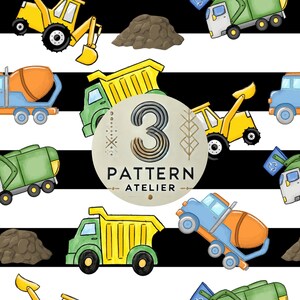 May include: A repeating pattern featuring construction vehicles like dump trucks, cement mixers, and excavators in yellow, green, and blue. The design includes a circular emblem with the number 3 and the text "PATTERN ATELIER" on a black and white striped background.