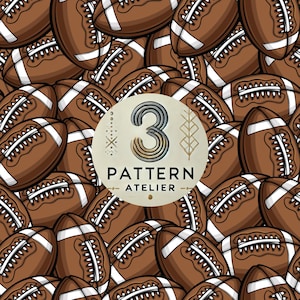May include: A repeating pattern of brown and white footballs. The image has a circular logo with the number 3 and the words "PATTERN ATELIER". The footballs are arranged in a dense, overlapping manner.