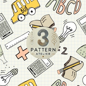 May include: A playful pattern with school-themed illustrations. It features a yellow school bus, calculators, pencils, rulers, light bulbs, and the letters ABC. The design is set against a grid background, with the text "3 Pattern Atelier" in the centre.