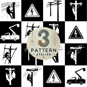 Può includere: Un design a griglia in bianco e nero con immagini di lavoratori elettrici, linee elettriche e simboli di avvertimento. Un emblema circolare centrale mostra il numero "3" e il testo "PATTERN ATELIER".